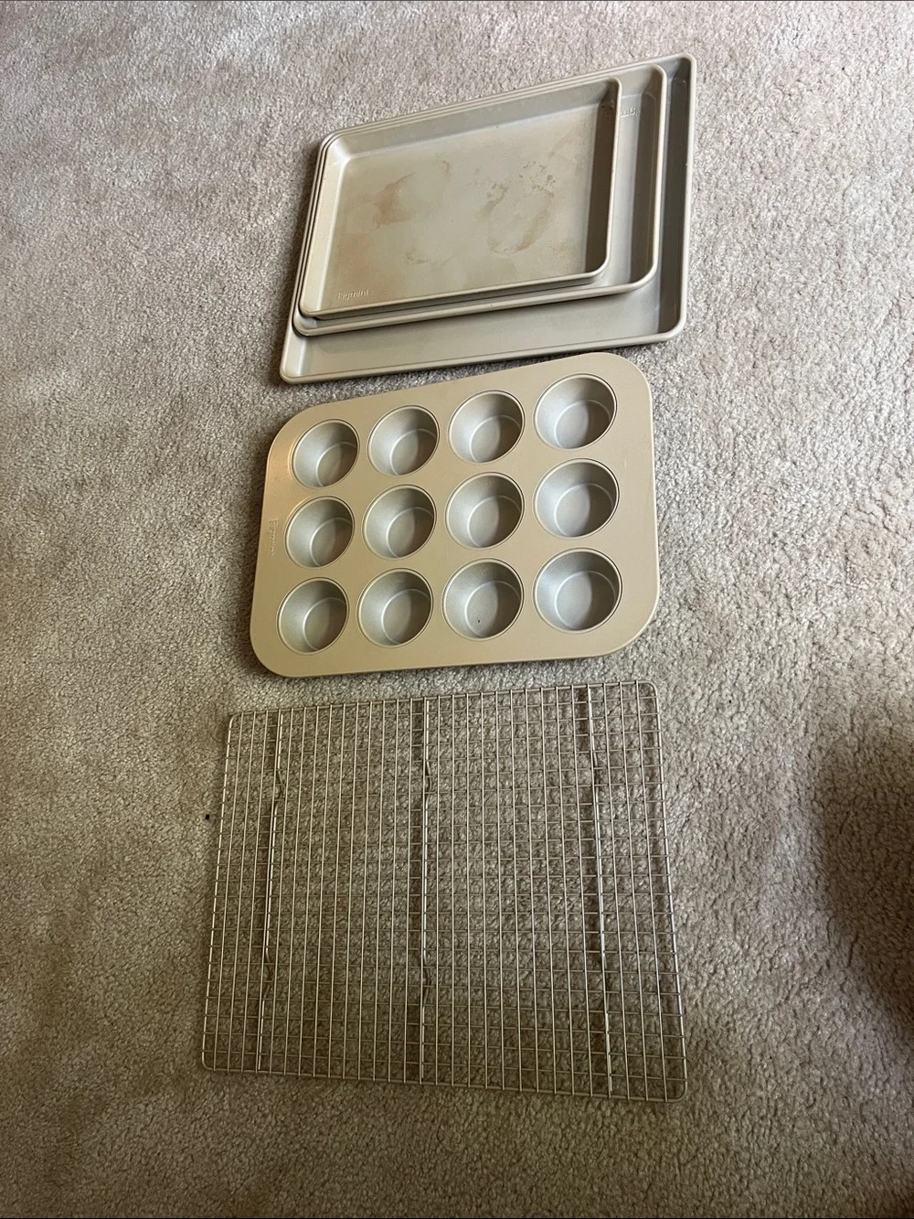 Figment Gold muffin pan cooling rack and 3 baking sheets